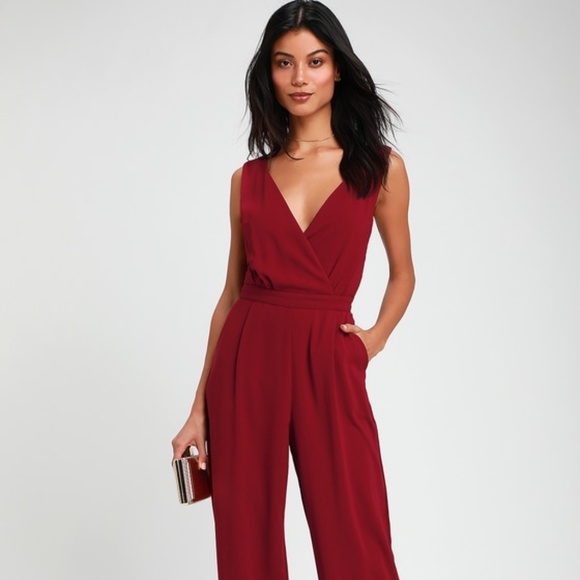 Lulus Pants - Lulus Kiska Burgundy Lace Wide-leg Jumpsuit Red - Size L